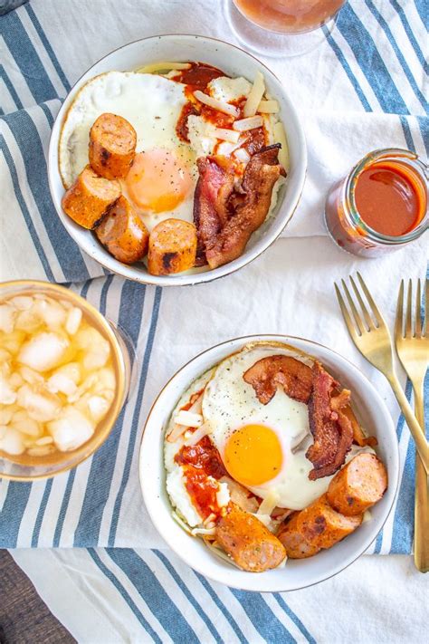 Grits Breakfast Bowls with Sausage, Bacon, and Red Chile Sauce