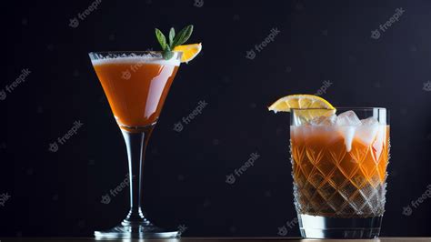 Premium Photo | Two cocktails on a bar with a black background