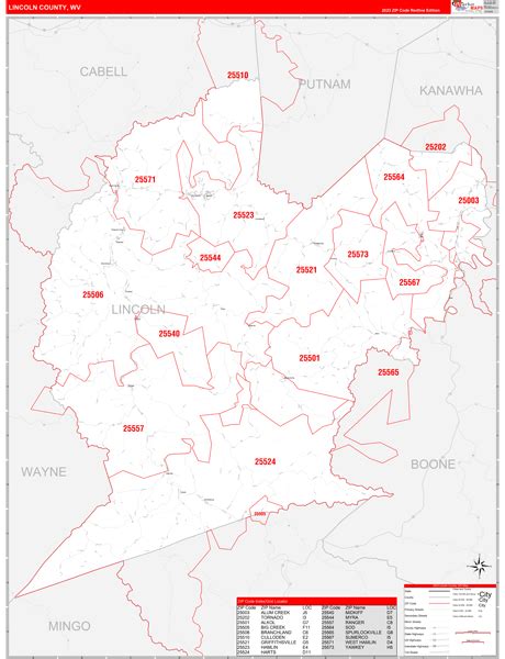 Lincoln County, WV Zip Code Wall Map Red Line Style by MarketMAPS ...