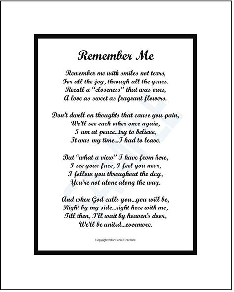 Remember Me, Memorial Poem, DIGITAL DOWNLOAD, Memorial Gift Print, Sympathy Gift Poem Print ...