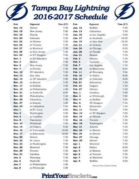 Printable Lightning Schedule