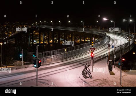 Tromso Bridge across the Tromsoysundet strait between mainland Tromsdalen and Tromsoya Island ...