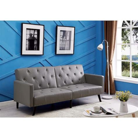 HOMESTOCK Gray, Faux Leather Tufted Split Back Futon Sofa Bed, Folding ...