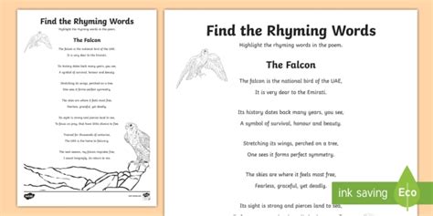 Falcon Poem Find the Rhyming Words Worksheet / Activity Sheet