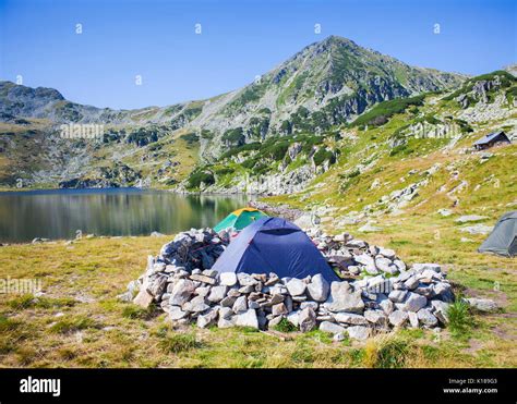 tent camping near Bucura Glacier lake in Retezat mountain, Romania ...