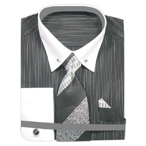 Sunrise Outlet - Men's French Cuff White Stripes Dress Shirt with Collar Bar Neck Tie Hanky ...