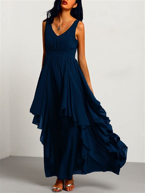 V Neckline Layered Maxi Chiffon Dress -SheIn(Sheinside)