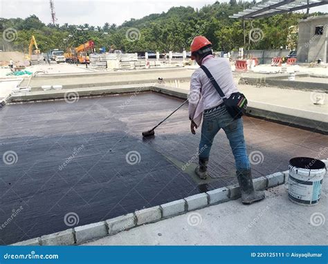 Waterproofing Membrane Applied By Construction Workers On Top Of ...