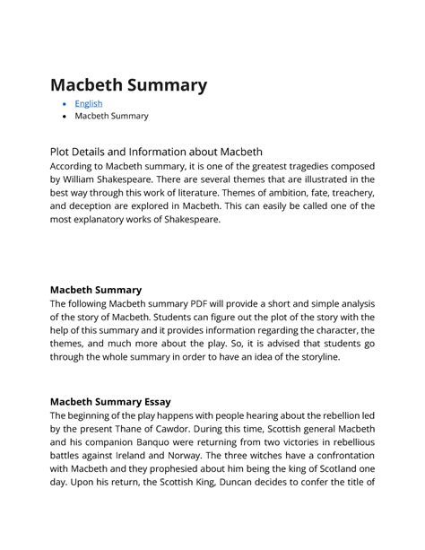 Macbeth by William Shakespeare Summary - Macbeth Summary English ...