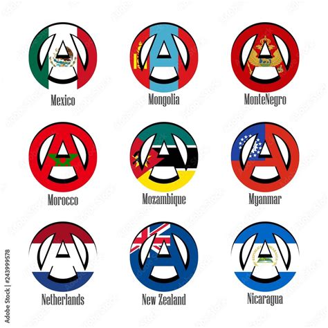 Flags of different countries of the world in the form of a sign of ...