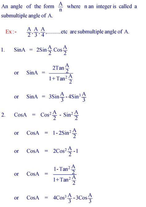 Submultiple Angle Formula » Formula In Maths