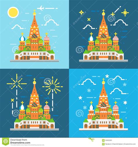 Flat Design 4 Styles of Saint Basil S Cathedral Stock Vector - Illustration of church, firework ...