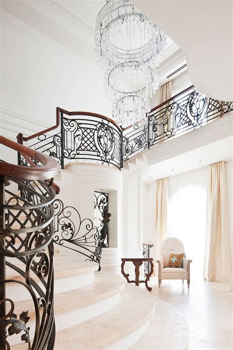 classic round and spiral wrought iron stair railing with wood | Luxury ...