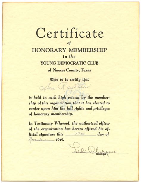 Certificate of Honorary Membership in the Young Democratic Club of ...