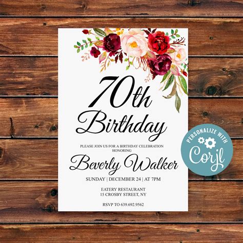 Editable Free Printable 70Th Birthday Invitation Template