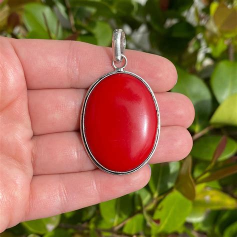 Natural Red Coral Pendant .925 Sterling Silver Gemstone Pendant Focal Bead Size 2 Inch