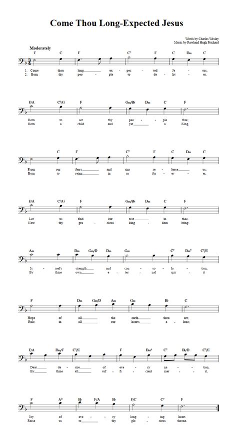 Come Thou Long-Expected Jesus Bass Clef Instrument Sheet Music (Lead Sheet) with Chords and Lyrics