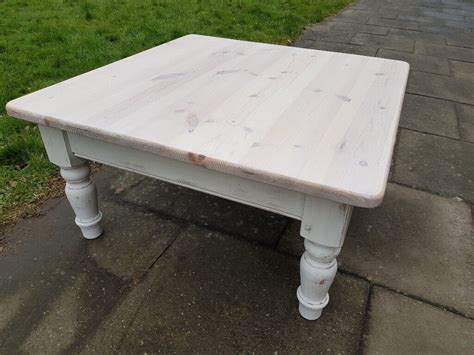 Large 91 x 91cm square rustic pine farmhouse coffee table. WHITE/limed ...