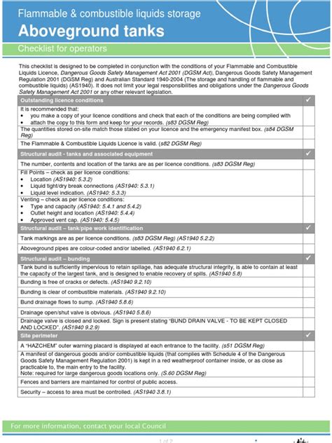 Checklist for Above Ground Tanks-queensland | Dangerous Goods | Flammability