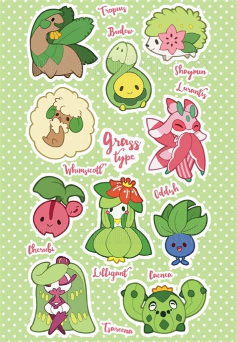 Grass Type Pokemon Sticker Sheet Pokemon Type Series | Etsy