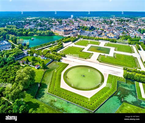 Aerial view of Chateau de Fontainebleau with its gardens, a UNESCO World Heritage Site in France ...