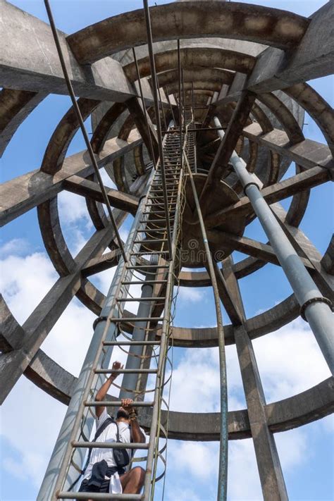 Man Climbing a Water Tower at the Bokor National Park Stock Photo - Image of landscape ...