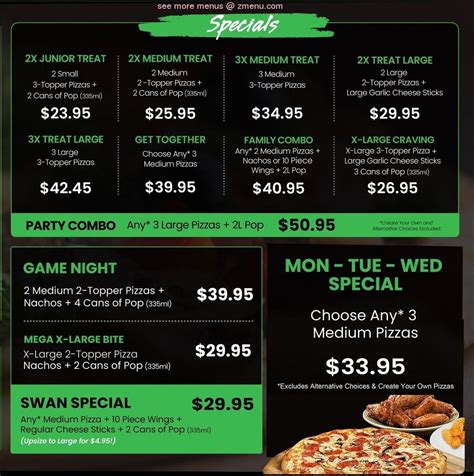 Menu at Red Swan Pizza restaurant, Yorkton