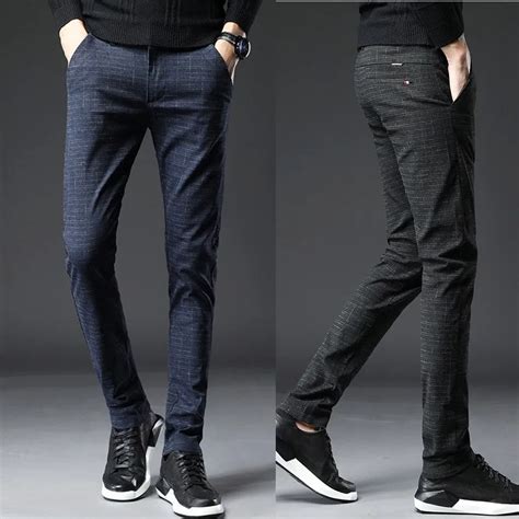 High Quality New Men Casual Pants Fashion Men Plaid Cotton Business Slim Stretch Pants Straight ...