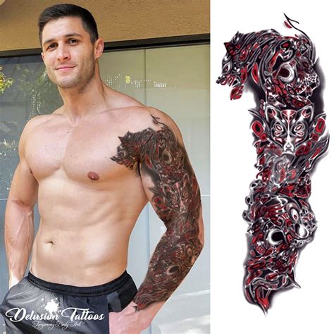 REALISTIC TEMPORARY TATTOO SLEEVE ARM, 3D WOLF TRIBAL, RED, BLACK, MENS ...