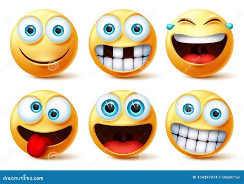 Smiley Emojis Vector Face Set. Smileys Emoticons and Emoji Cute Faces in Crazy, Funny, Excited ...