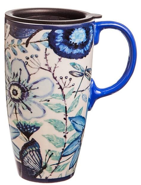 Amazon.com: Shades of Indigo Flowers and Butterflies Ceramic Travel ...