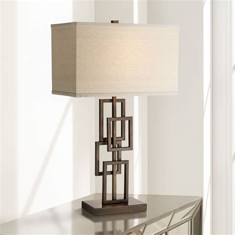 360 Lighting Modern Table Lamp Dark Bronze Metal Stacked Geometric Base Rectangular Shade for ...