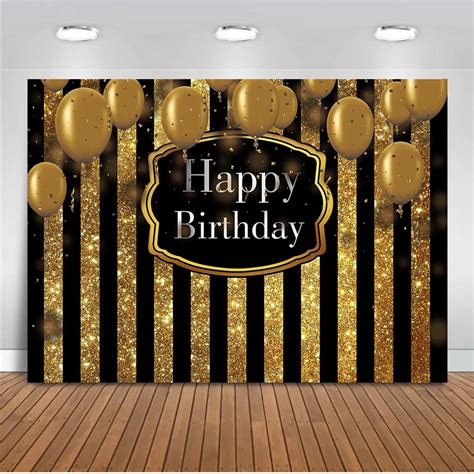 Neoback Happy Birthday Theme Party Decoration Banner Black and Gold Stripe Backdrop for ...