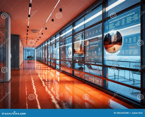 Modern Office Hallway with Interactive News Walls Stock Illustration - Illustration of display ...