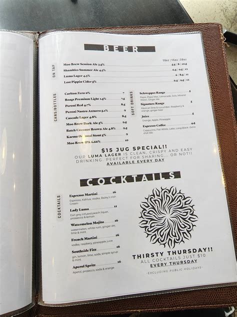 Menu at LUMA restaurant, Cambridge, 22/66 Kennedy Dr