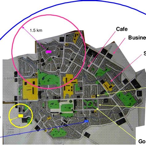 Plan view of the Burnside High School Zone with the 500m, 1.5km, and... | Download Scientific ...