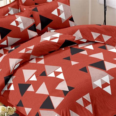 Red Geometric Printed Pure Cotton Double Bedsheet With Pillow Cover