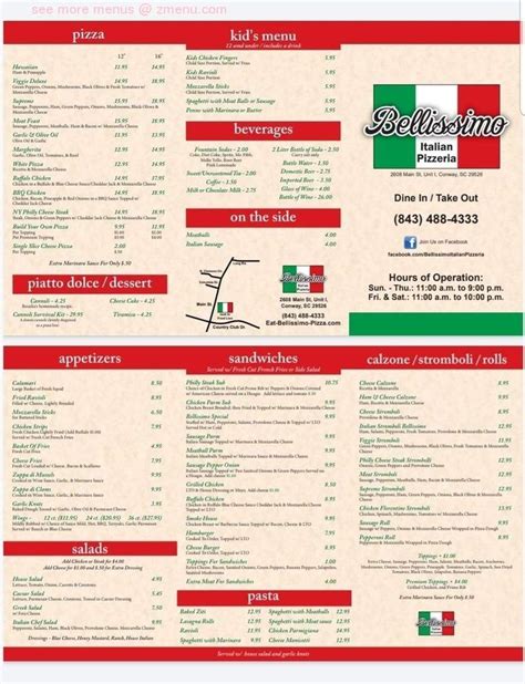 Online Menu of Bellissimo Italian Pizzaria Restaurant, Conway, South ...