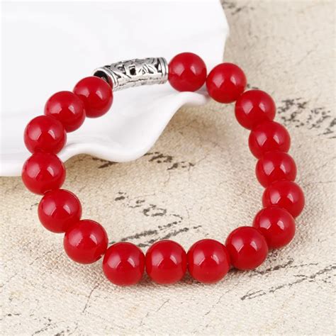 8mm Red Natural Stone Redsin Beads Bracelet with Elastic Rope Silver ...