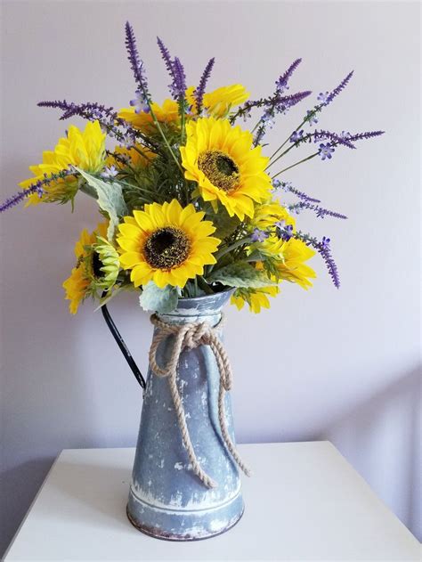 Sunflower Arrangement in Metal Pitcher, 26 in Kitchen Centerpiece, Farmhouse Decor | Sunflower ...