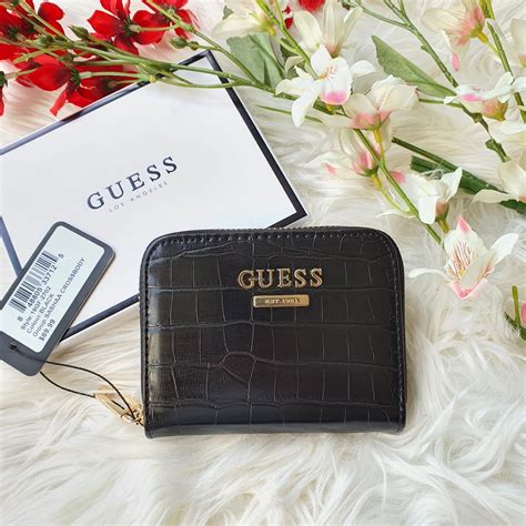 Guess Croc Effect Small Zip Around Wallet in Black Faux Leather - Women ...