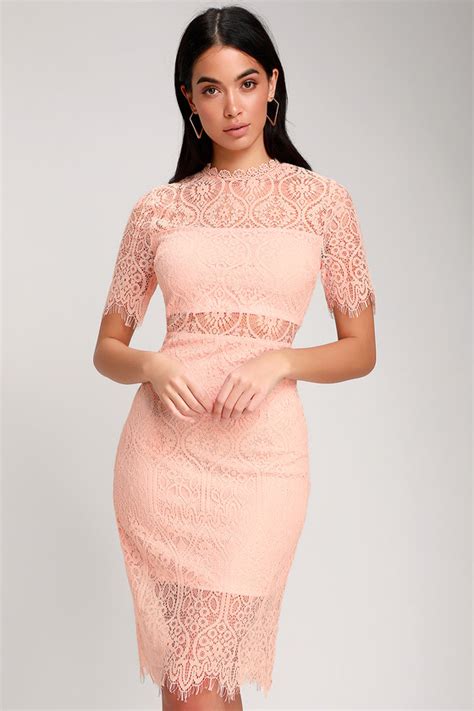 Chic Blush Pink Dress - Lace Dress - Sheath Dress - Pink Midi - Lulus