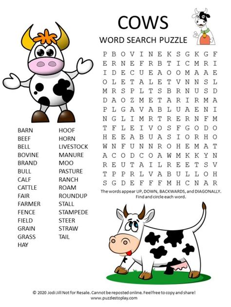 Cows Word Search Puzzle - Puzzles to Play