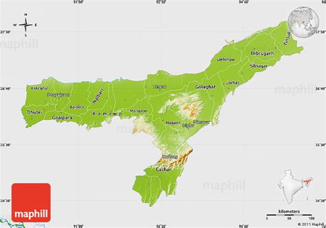 Physical Map of Assam, single color outside