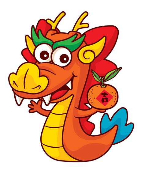 Cartoon cute chinese dragon zodiac holding tangerine orange character ...