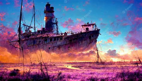 Premium Photo | Huge abandoned ship near the shore illustration