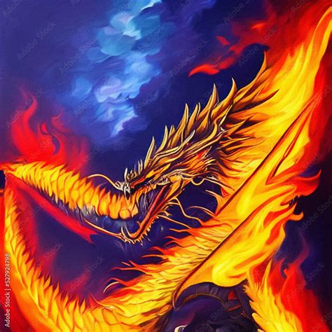 Fantasy evil dragon portrait. Surreal artwork of danger dragon from medieval mythology. Oil ...