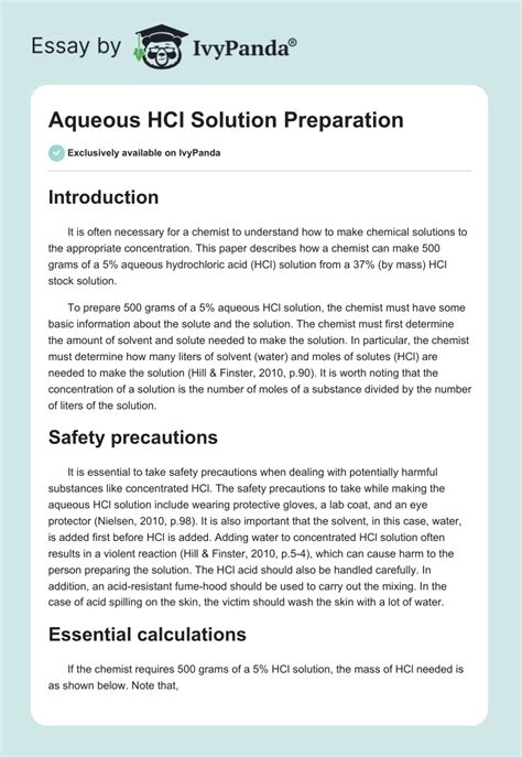 Aqueous HCl Solution Preparation - 668 Words | Essay Example