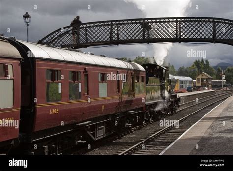 Restored steam train; Locomotive on the Strathspey Steam heritage Railway at the Boat of Garten ...