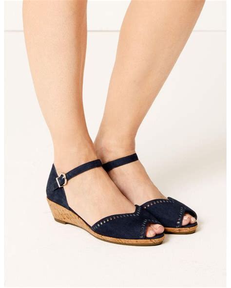 Marks & Spencer Suede Wedge Heel Ankle Strap Sandals in Navy (Blue) - Lyst